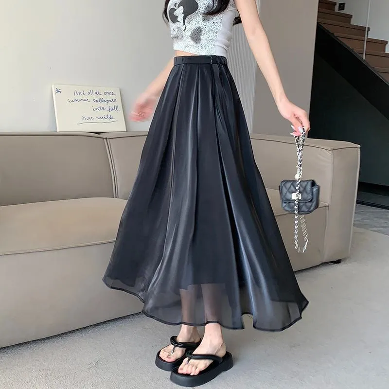 High-Waisted Solid Color Pleated Fairy Skirt Full Skirt Versatile Midi Double Layer A-Line Skirt