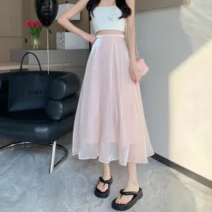 High-Waisted Solid Color Pleated Fairy Skirt Full Skirt Versatile Midi Double Layer A-Line Skirt