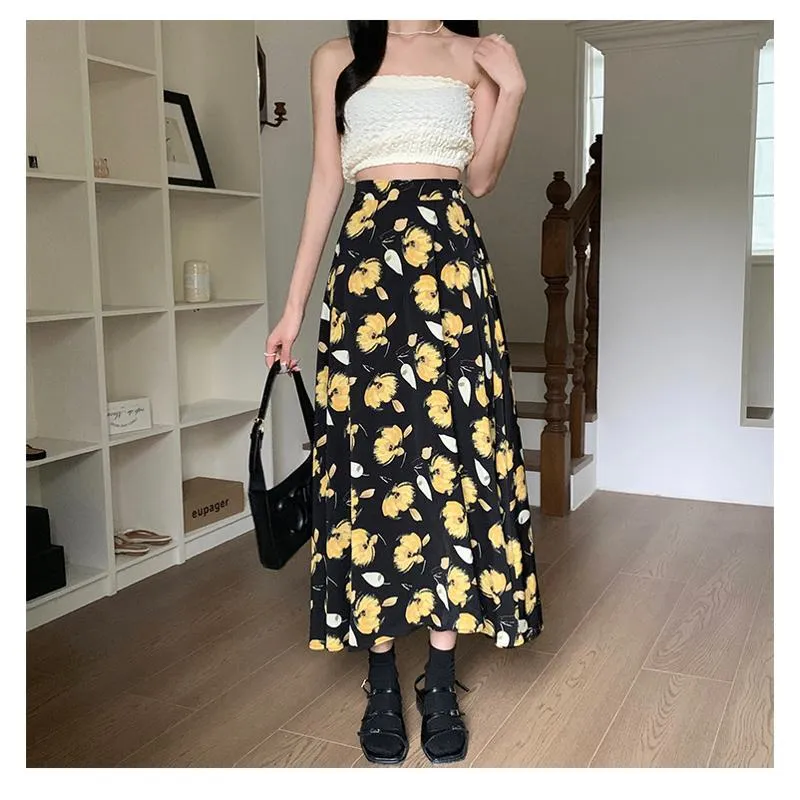 High-Waisted Versatile Chiffon Slimming Floral Mesh Skirt