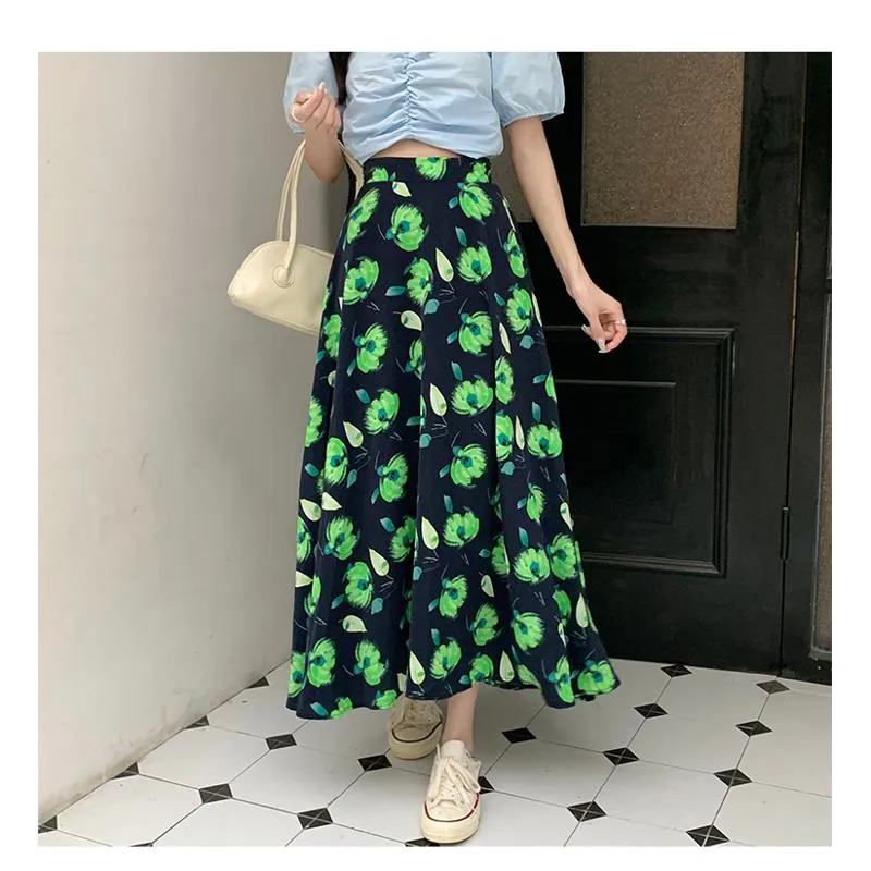 High-Waisted Versatile Chiffon Slimming Floral Mesh Skirt