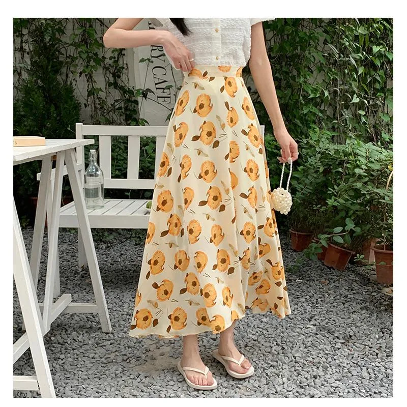 High-Waisted Versatile Chiffon Slimming Floral Mesh Skirt