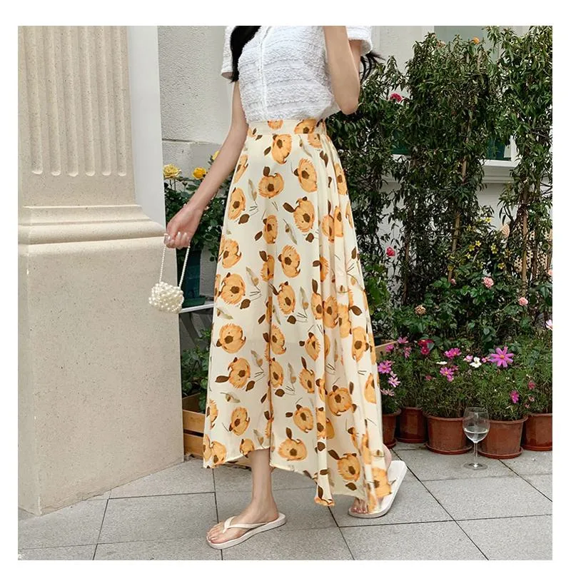 High-Waisted Versatile Chiffon Slimming Floral Mesh Skirt