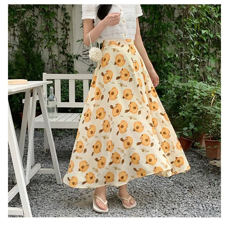 High-Waisted Versatile Chiffon Slimming Floral Mesh Skirt