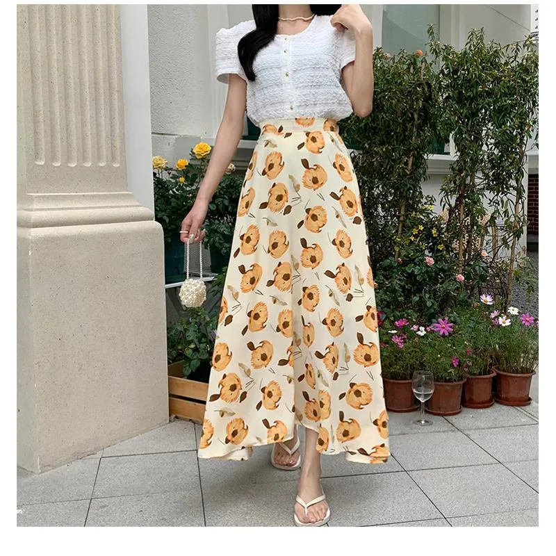 High-Waisted Versatile Chiffon Slimming Floral Mesh Skirt