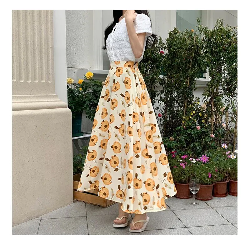 High-Waisted Versatile Chiffon Slimming Floral Mesh Skirt