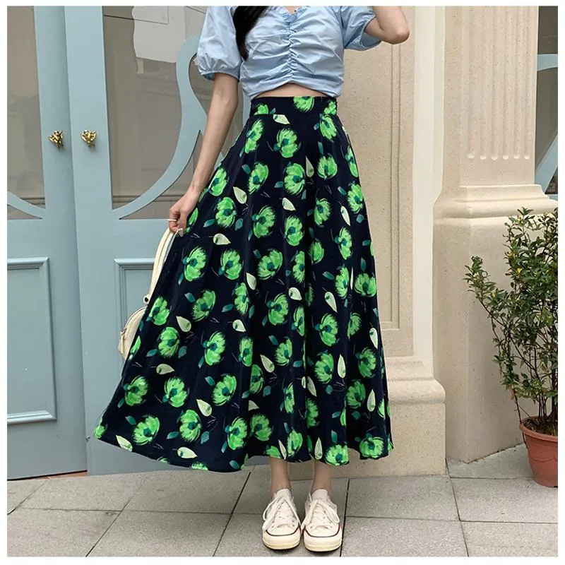 High-Waisted Versatile Chiffon Slimming Floral Mesh Skirt