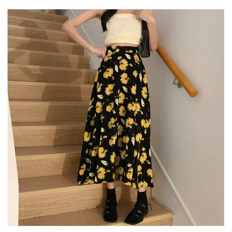 High-Waisted Versatile Chiffon Slimming Floral Mesh Skirt