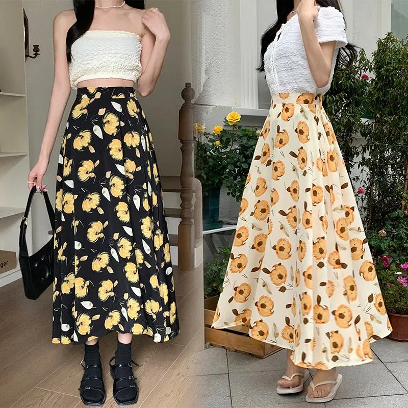 High-Waisted Versatile Chiffon Slimming Floral Mesh Skirt