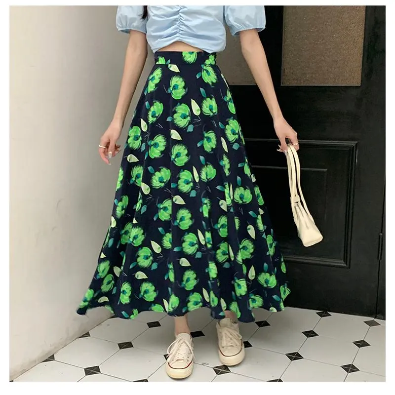 High-Waisted Versatile Chiffon Slimming Floral Mesh Skirt