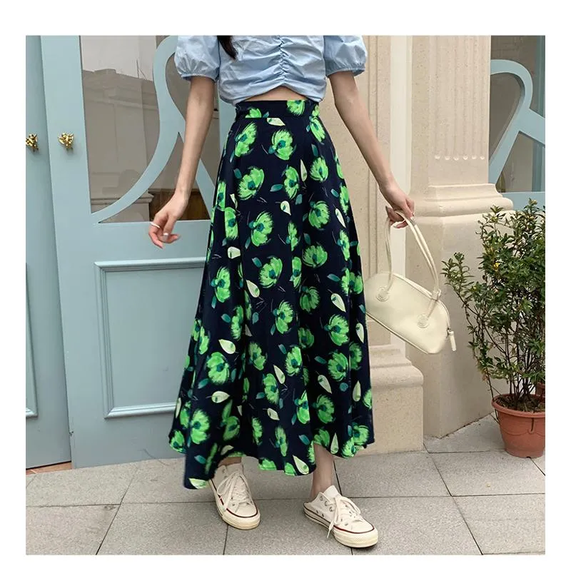 High-Waisted Versatile Chiffon Slimming Floral Mesh Skirt