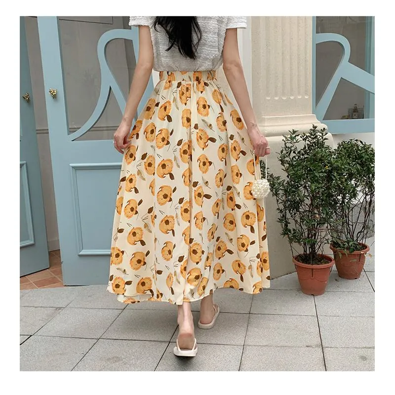 High-Waisted Versatile Chiffon Slimming Floral Mesh Skirt