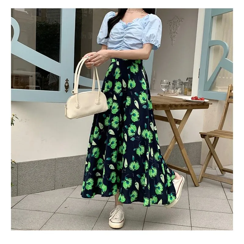 High-Waisted Versatile Chiffon Slimming Floral Mesh Skirt