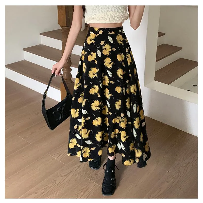 High-Waisted Versatile Chiffon Slimming Floral Mesh Skirt