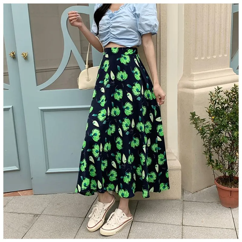 High-Waisted Versatile Chiffon Slimming Floral Mesh Skirt