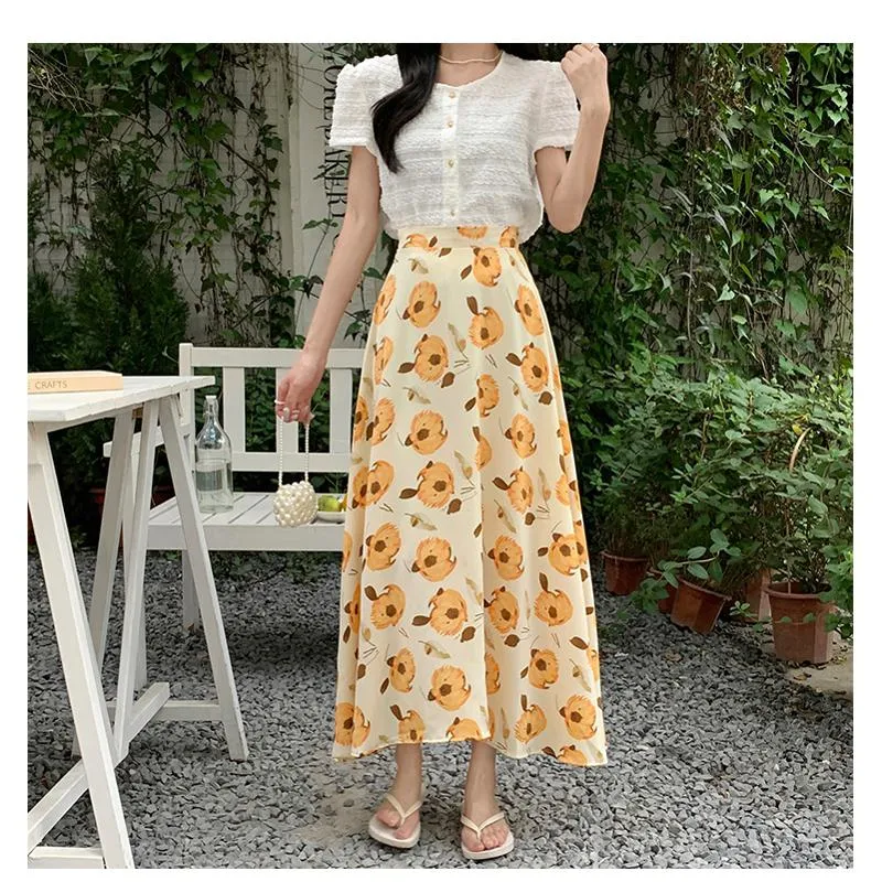 High-Waisted Versatile Chiffon Slimming Floral Mesh Skirt