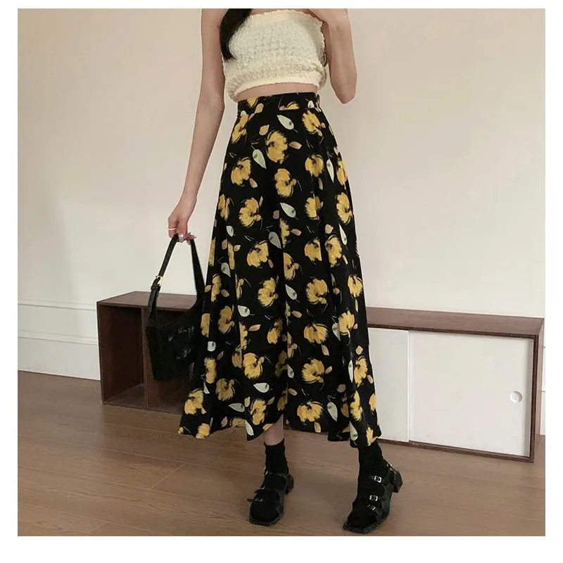 High-Waisted Versatile Chiffon Slimming Floral Mesh Skirt