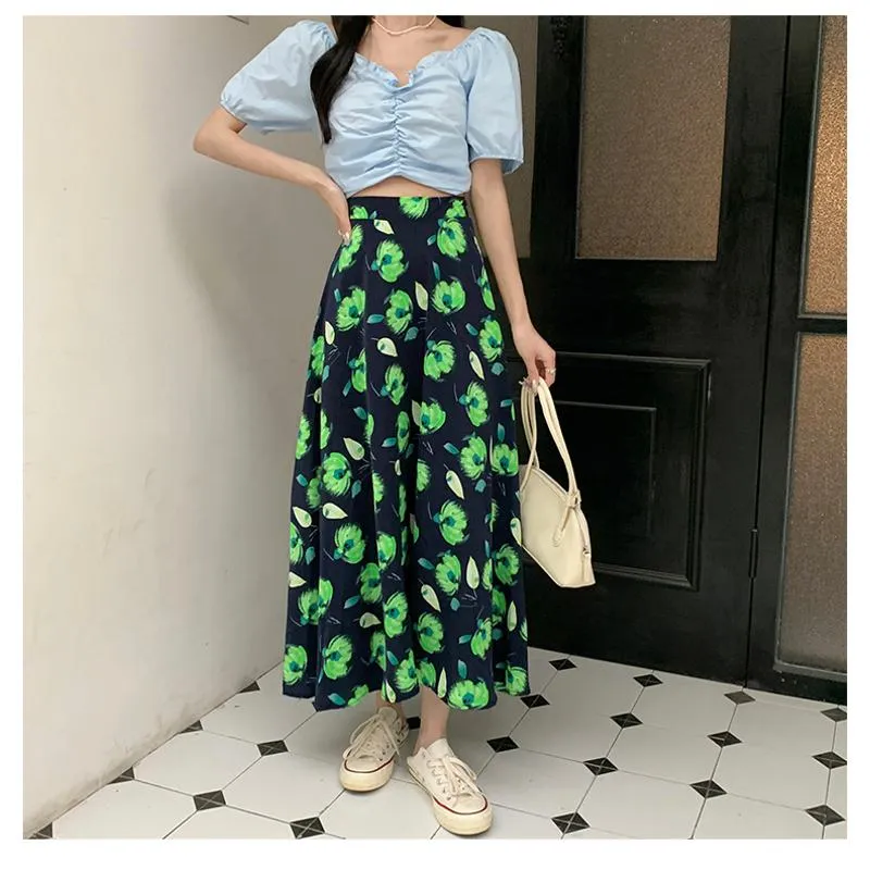 High-Waisted Versatile Chiffon Slimming Floral Mesh Skirt