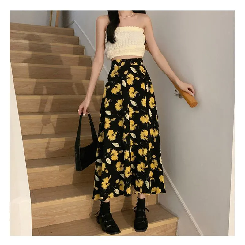 High-Waisted Versatile Chiffon Slimming Floral Mesh Skirt