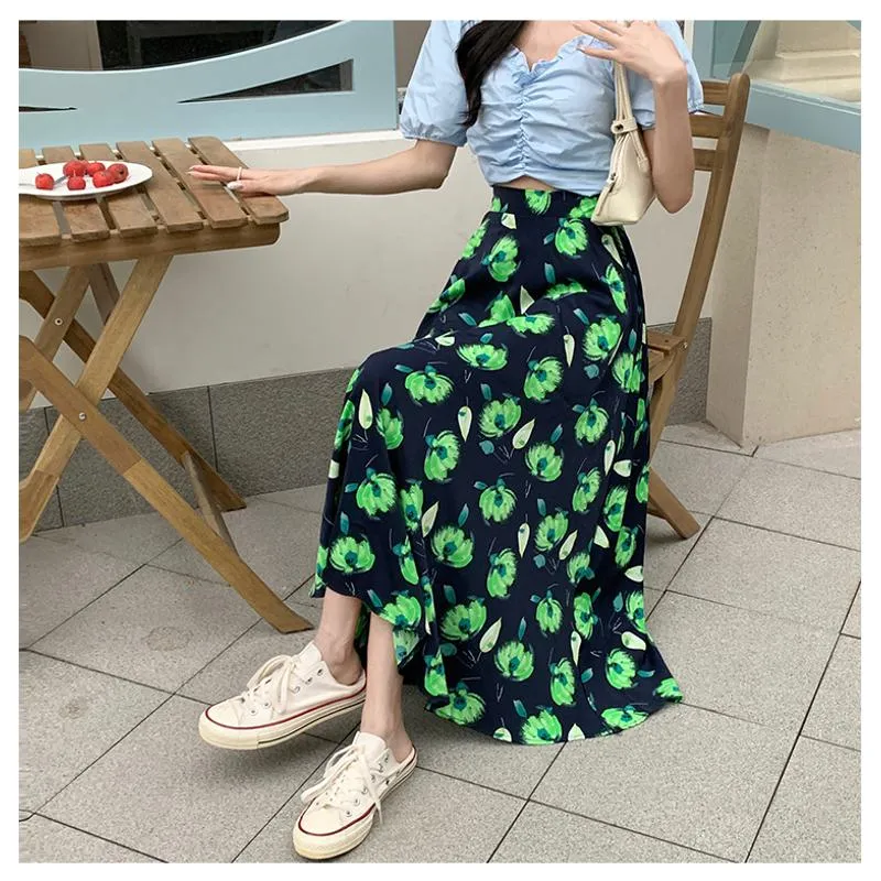 High-Waisted Versatile Chiffon Slimming Floral Mesh Skirt