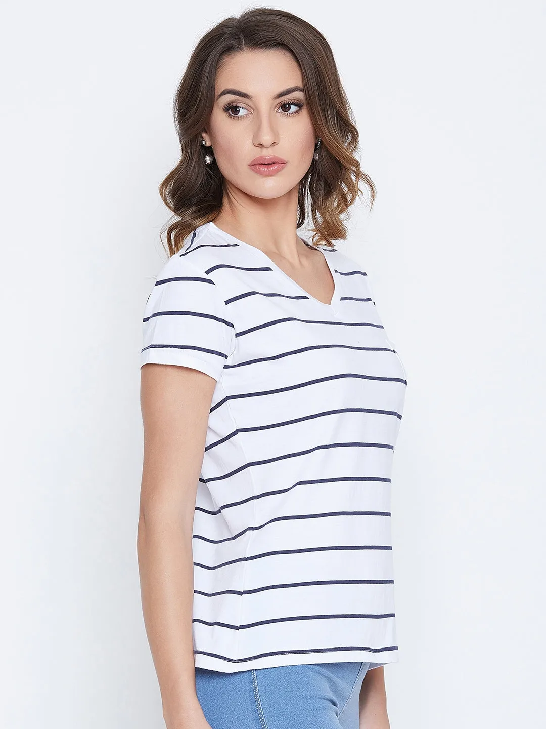 JUMP USA Women Navy Blue Striped V-neck T-shirt