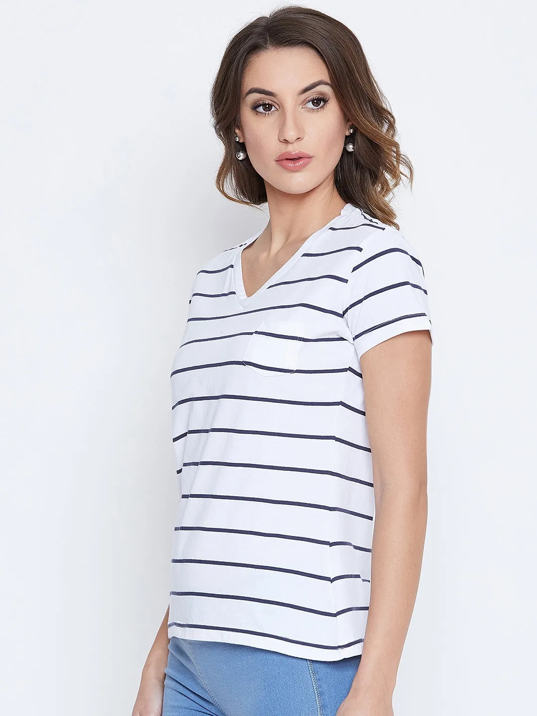 JUMP USA Women Navy Blue Striped V-neck T-shirt