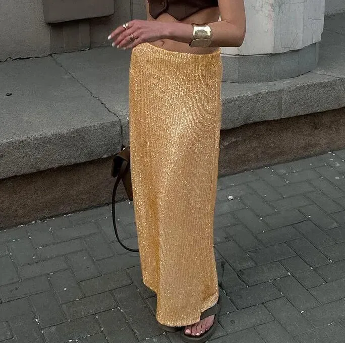 Khaki Sequins High Waist Slit Skirt