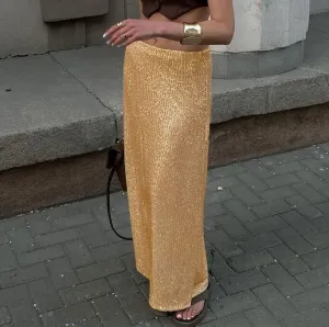 Khaki Sequins High Waist Slit Skirt