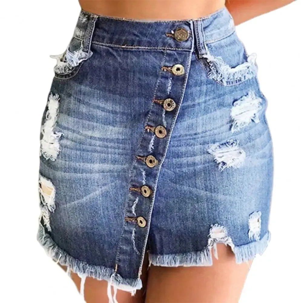 LVSANW 2024 New Women Short Denim Skirt High Waist Ripped Holes Denim Multi Breasted Irregular Tassel Denim Black Blue Skirt Streetwear