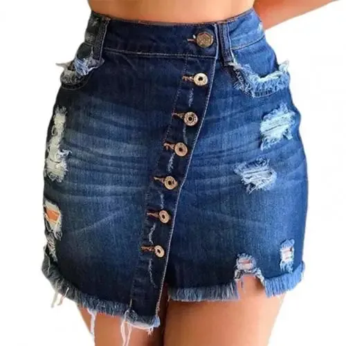 LVSANW 2024 New Women Short Denim Skirt High Waist Ripped Holes Denim Multi Breasted Irregular Tassel Denim Black Blue Skirt Streetwear