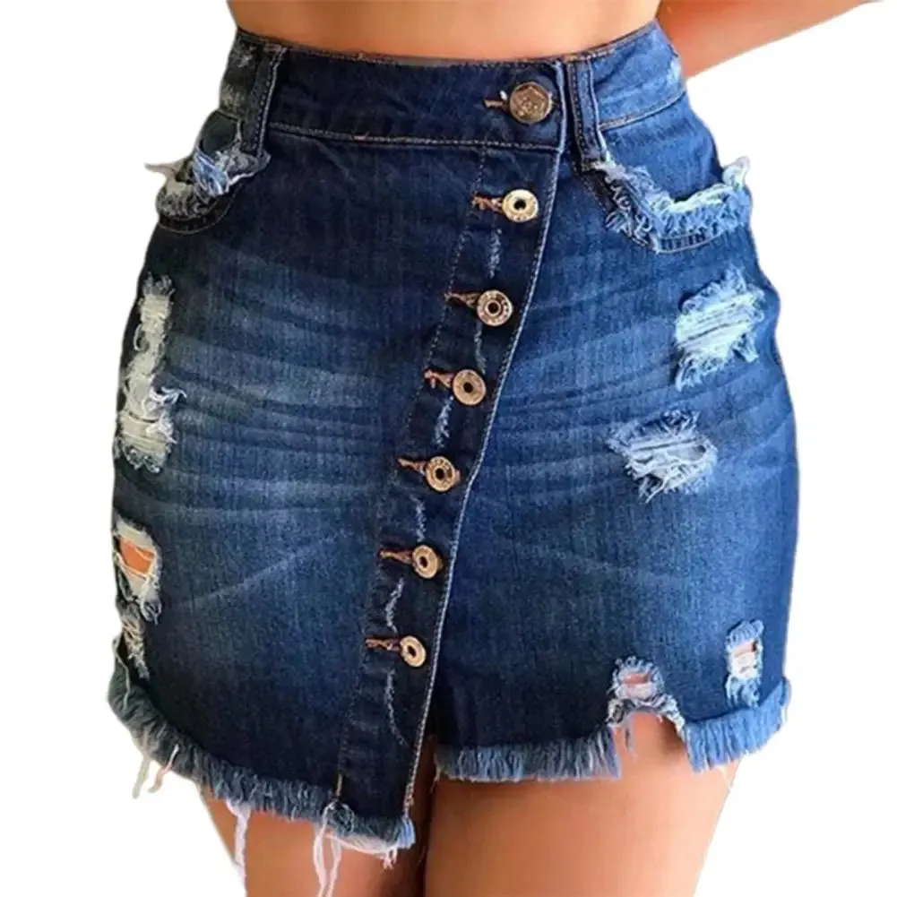 LVSANW 2024 New Women Short Denim Skirt High Waist Ripped Holes Denim Multi Breasted Irregular Tassel Denim Black Blue Skirt Streetwear