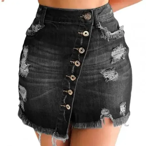 LVSANW 2024 New Women Short Denim Skirt High Waist Ripped Holes Denim Multi Breasted Irregular Tassel Denim Black Blue Skirt Streetwear