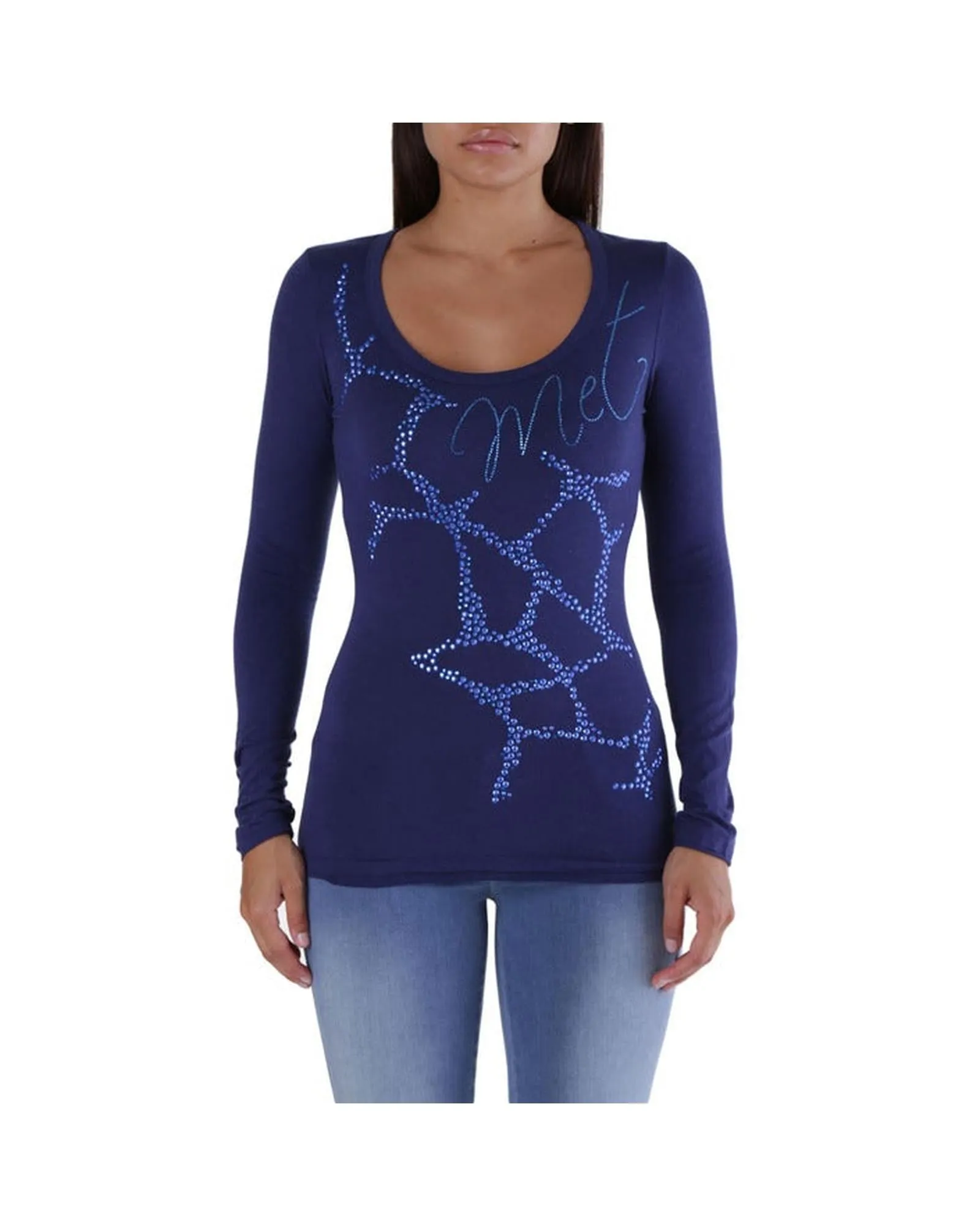 Met Women's Long Sleeve Top Rhinestone Web Blue