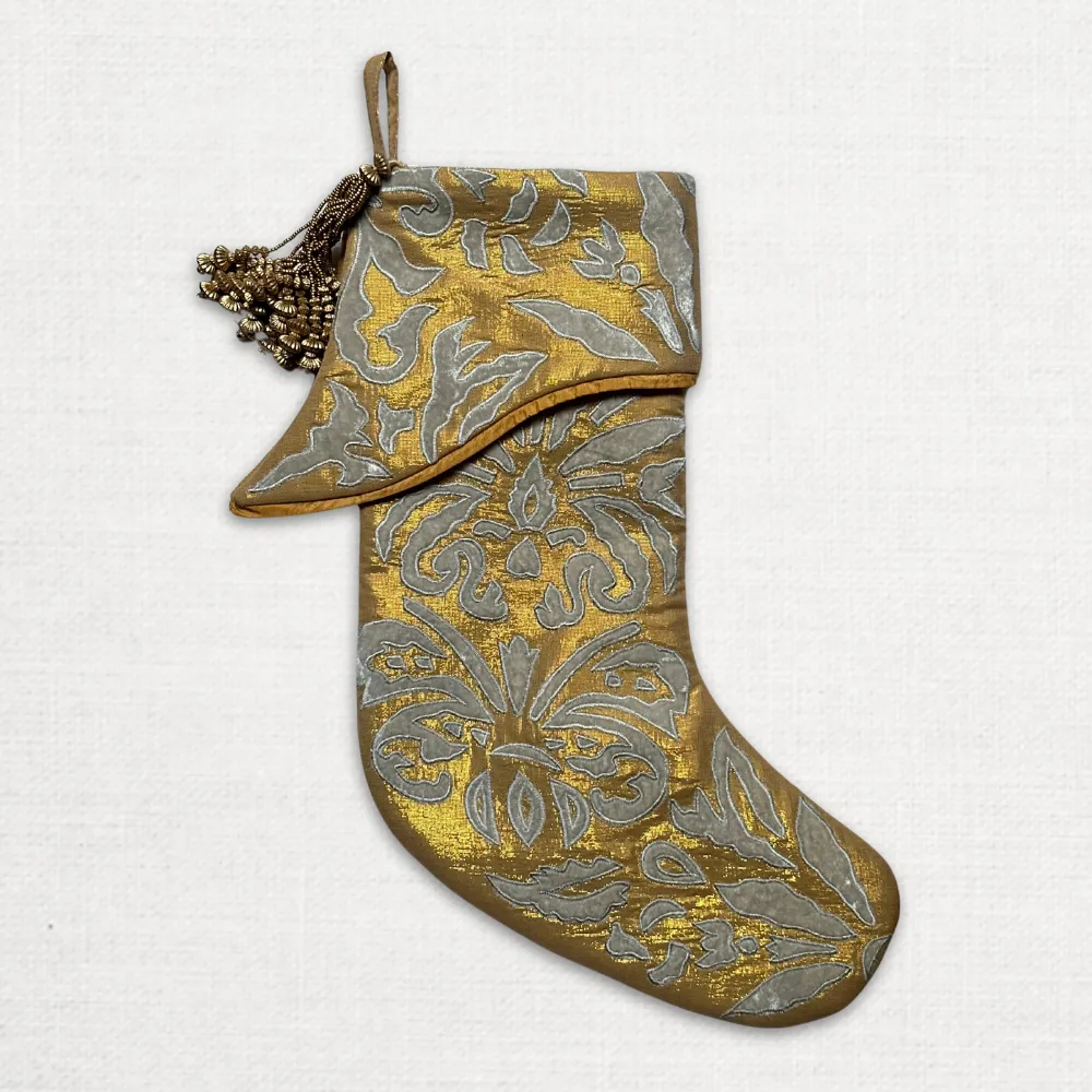 Monaco Embroidered Silk Velvet Holiday Stocking in Gold Lurex