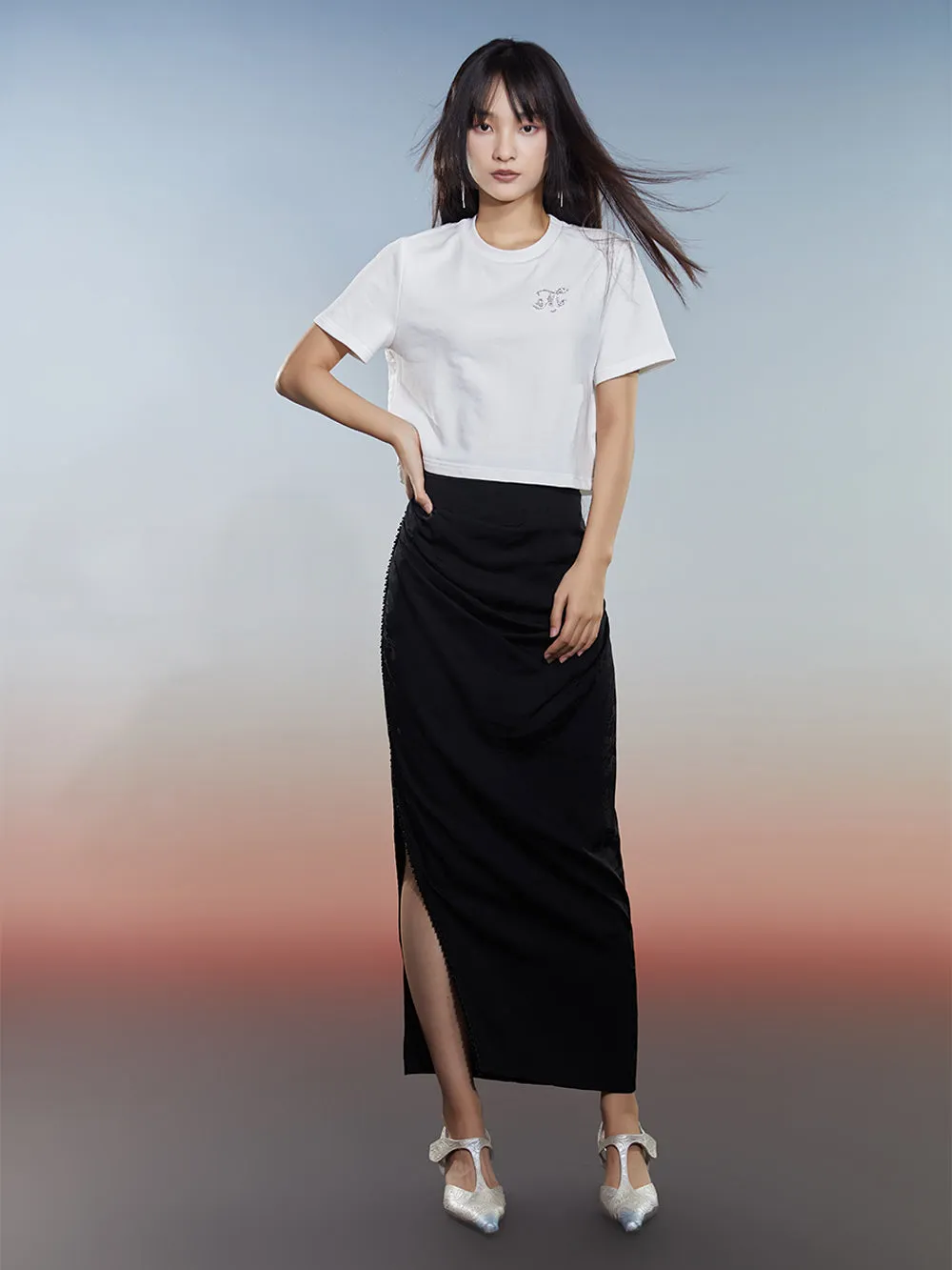 MUKZIN Black Slit Pleated Slim Skirt