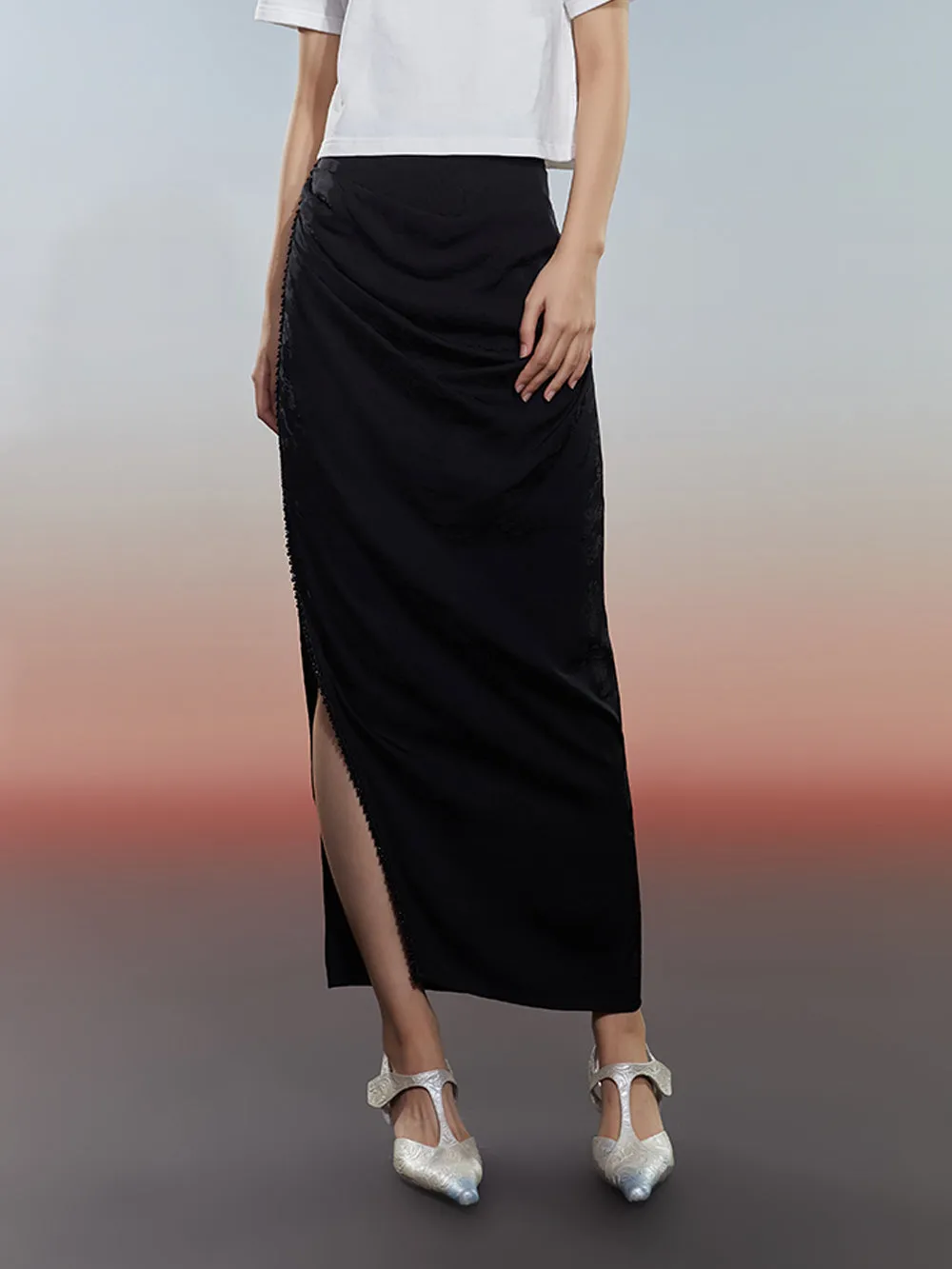 MUKZIN Black Slit Pleated Slim Skirt