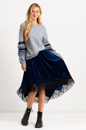 Navy Blue Velvet Elastic Waistband Hi-Low Midi Skirt W Lace