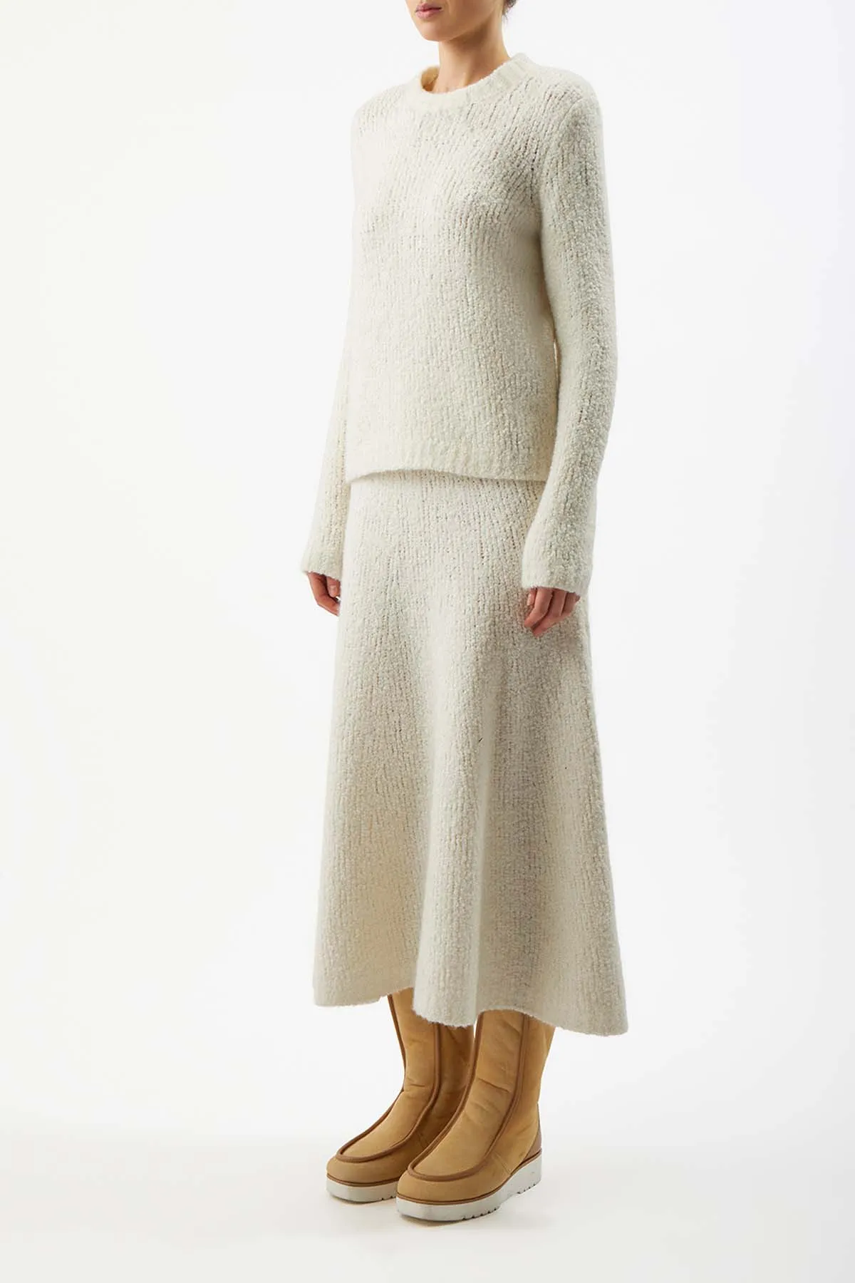 Pablo Knit Midi Skirt in Ivory Cashmere Silk Boucle