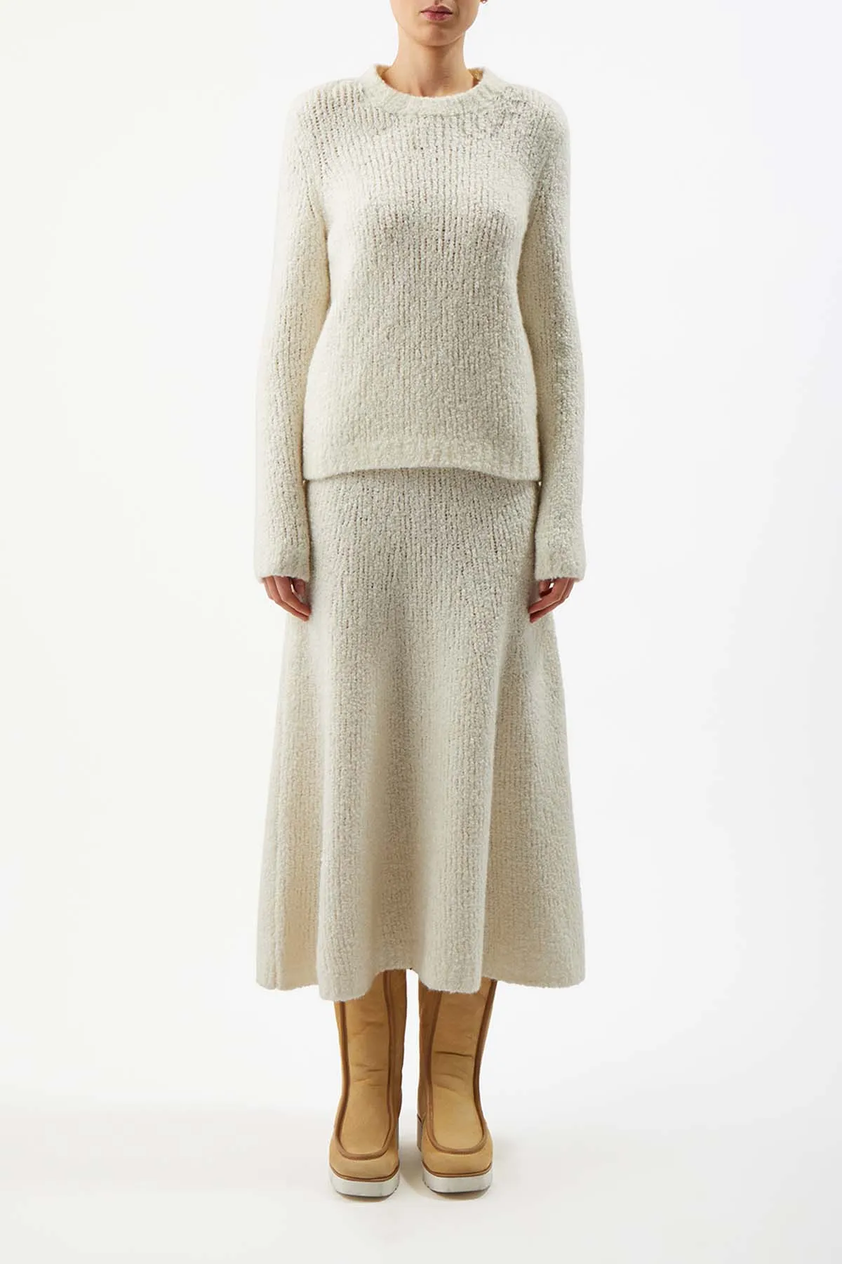 Pablo Knit Midi Skirt in Ivory Cashmere Silk Boucle