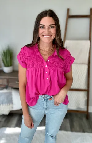 Pleat Detail Button Up Blouse in Hot Pink