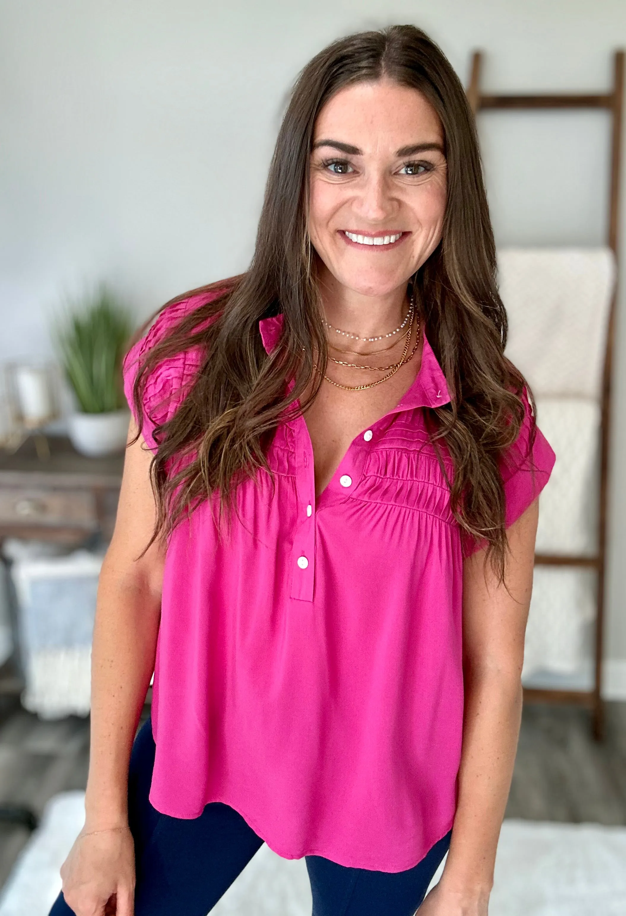 Pleat Detail Button Up Blouse in Hot Pink