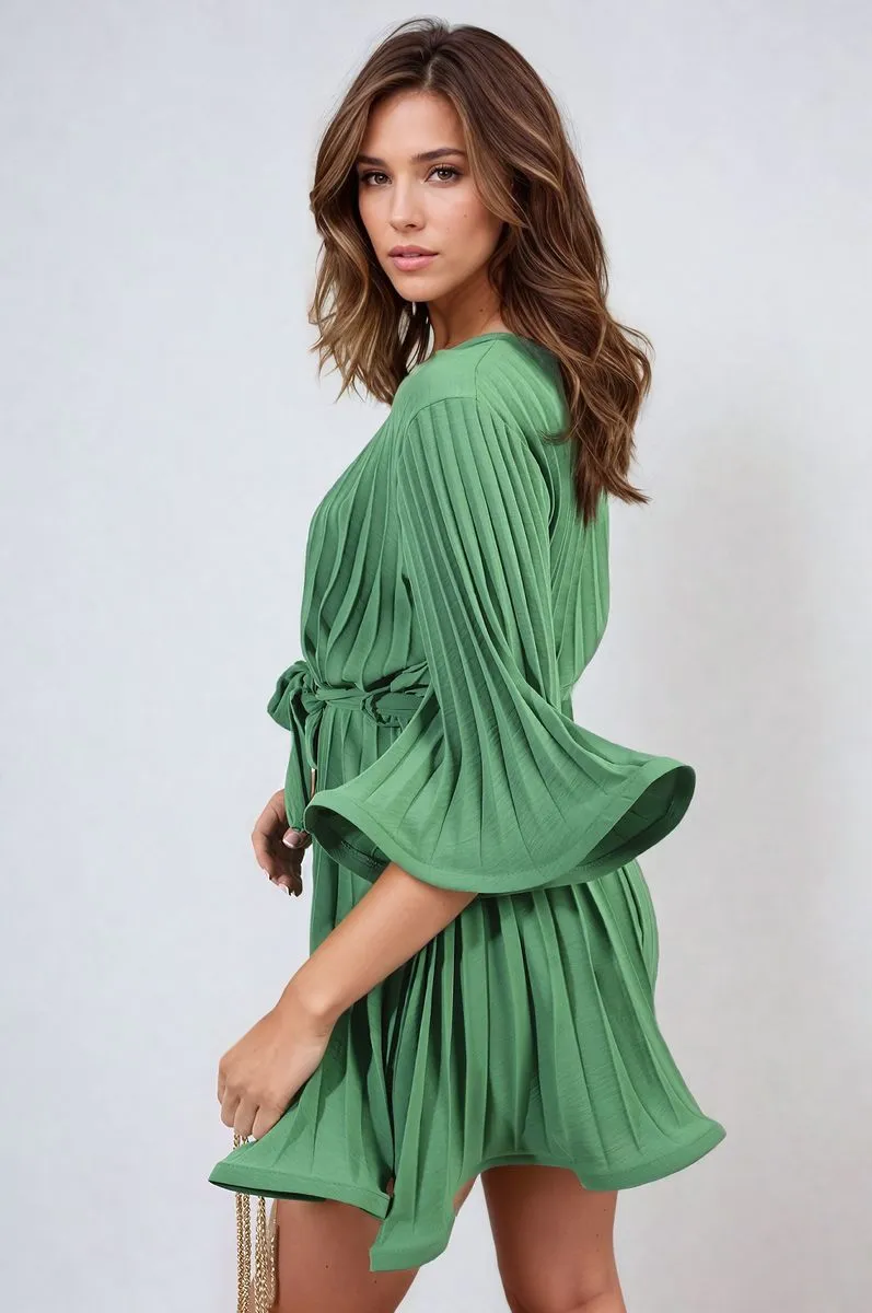 Pleated Tie Waist Mini Dress