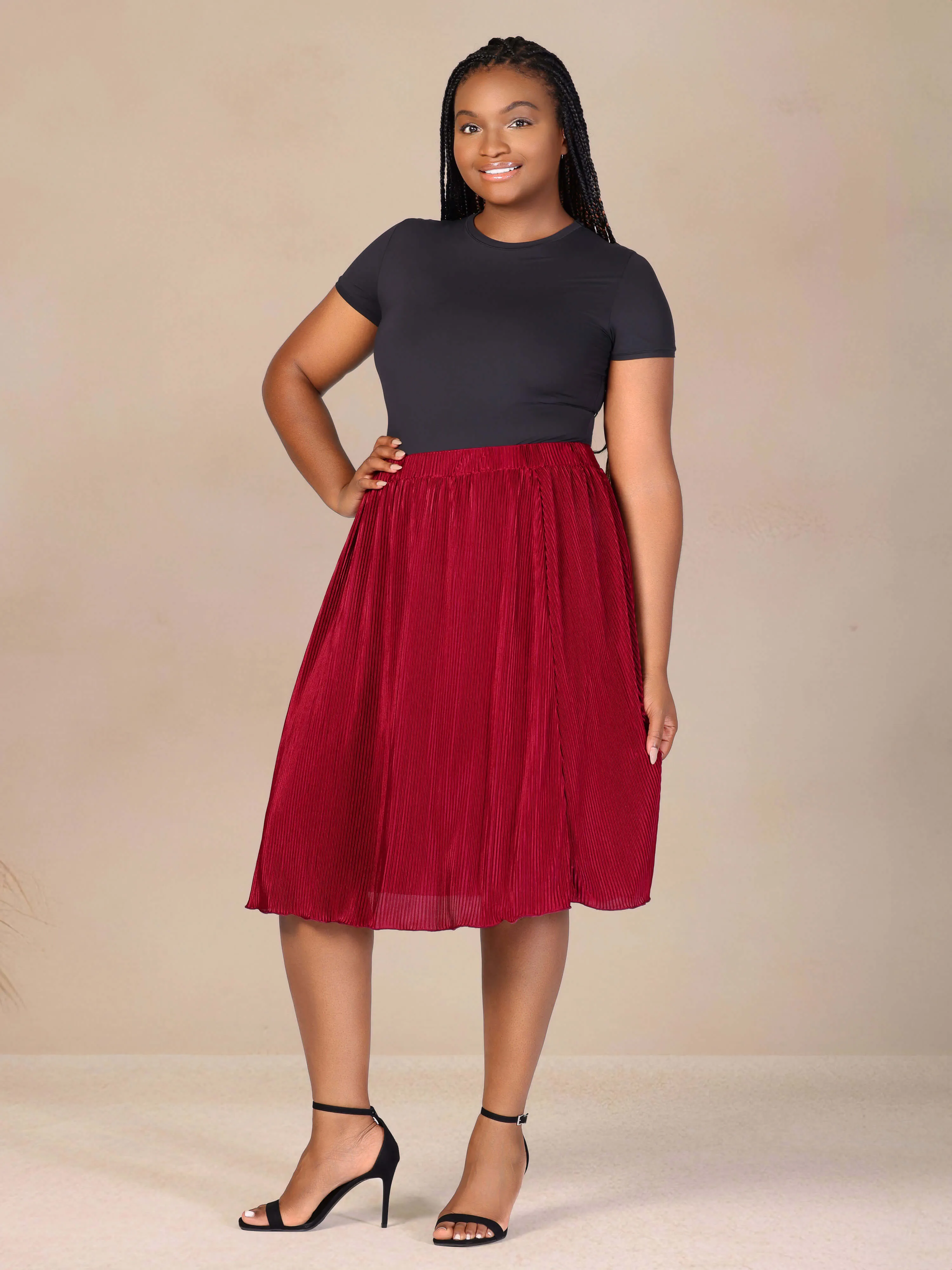 Plus Size Elegant Accordion Pleated Elastic Waistband Party Midi Skirt