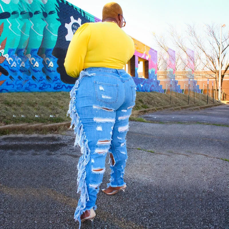 Plus Size Ripped Hollow-Out Tight Denim Pants