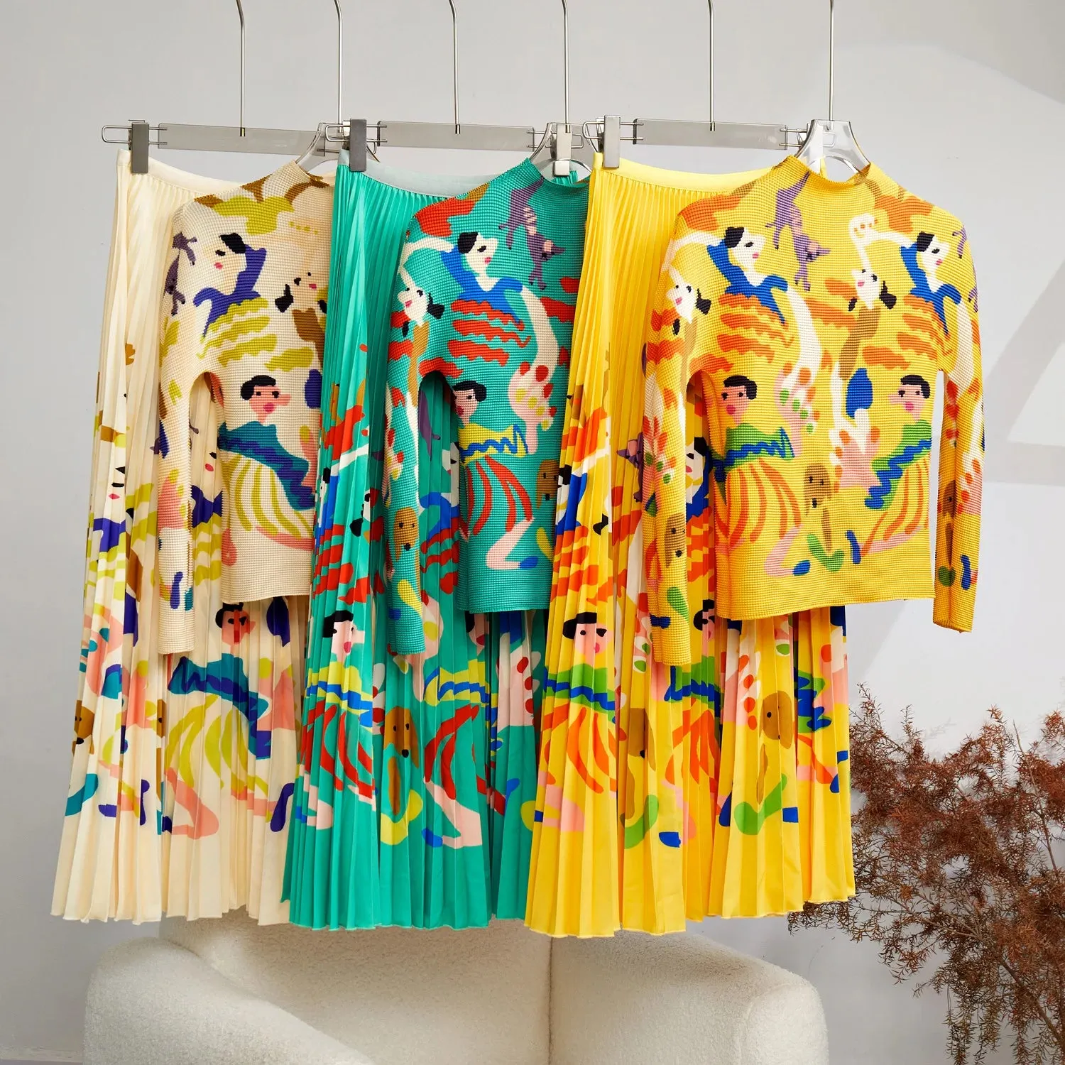 Pre Order:  Retro Printed Pleated Slim Top Elastic Waist Set