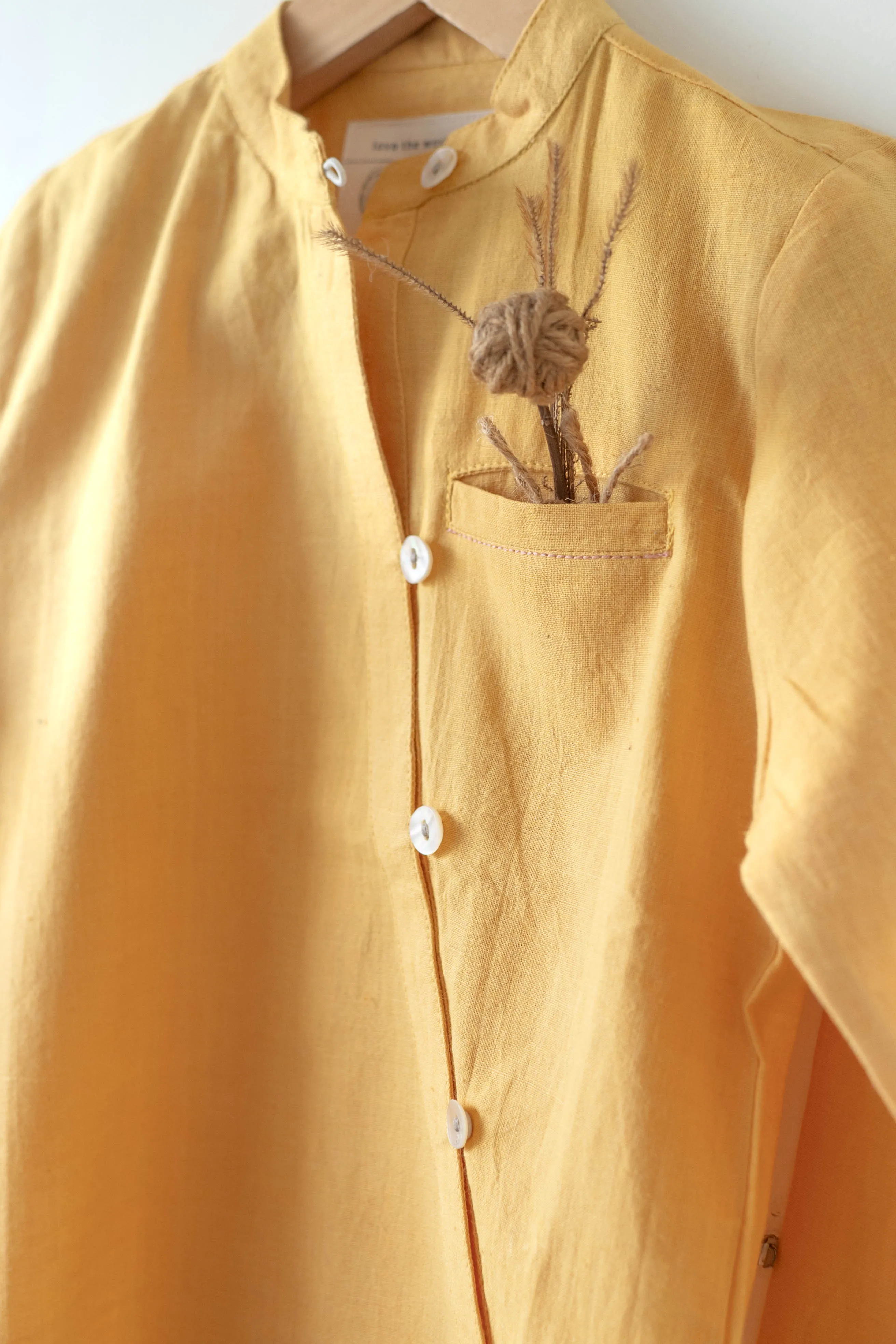 Rainbows LTWT classic chinese collar curved shirt in yellow handwoven cotton