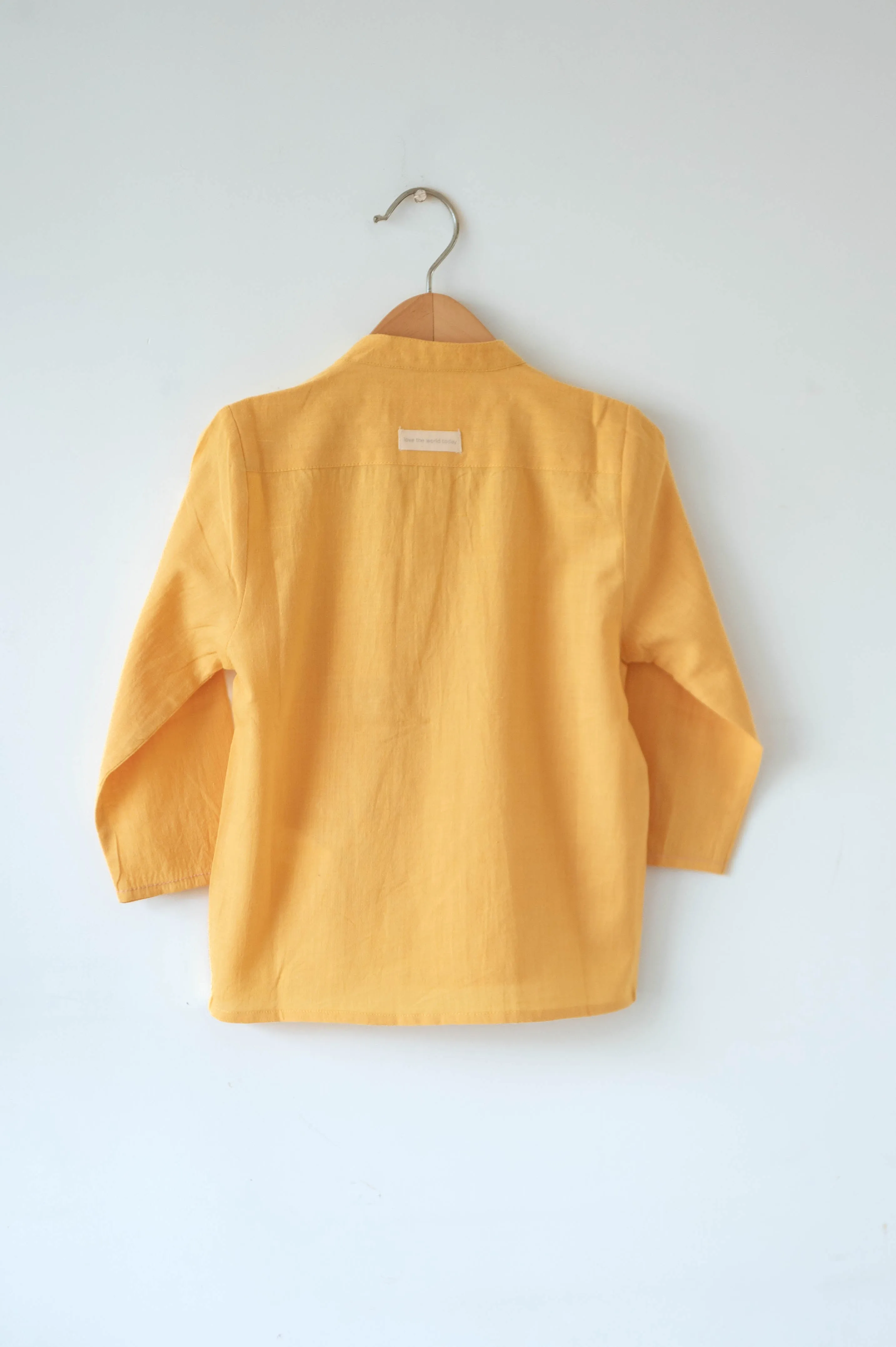 Rainbows LTWT classic chinese collar curved shirt in yellow handwoven cotton