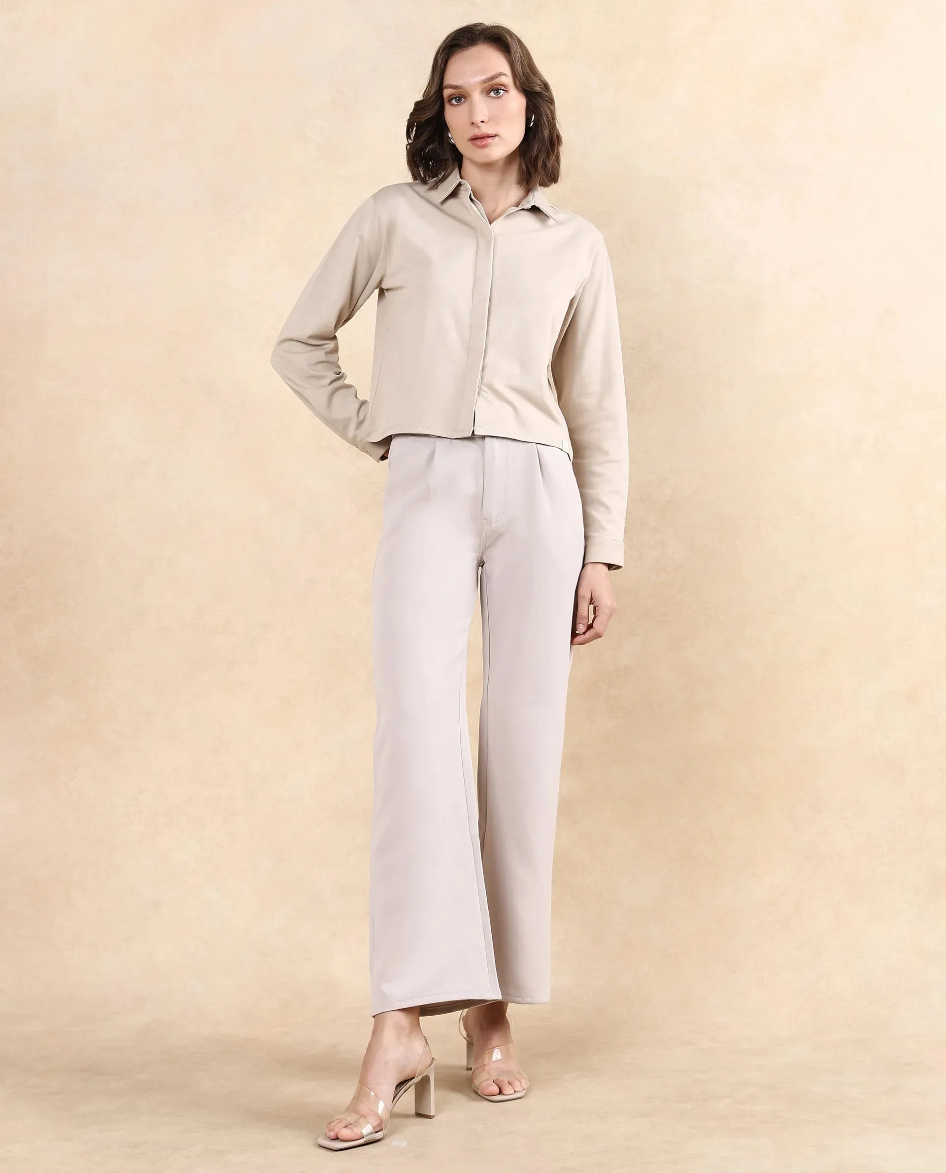 Rareism Women Ellery Beige Cotton Blend Fabric Full Sleeve Collared Neck Button Closure Plain Shirt