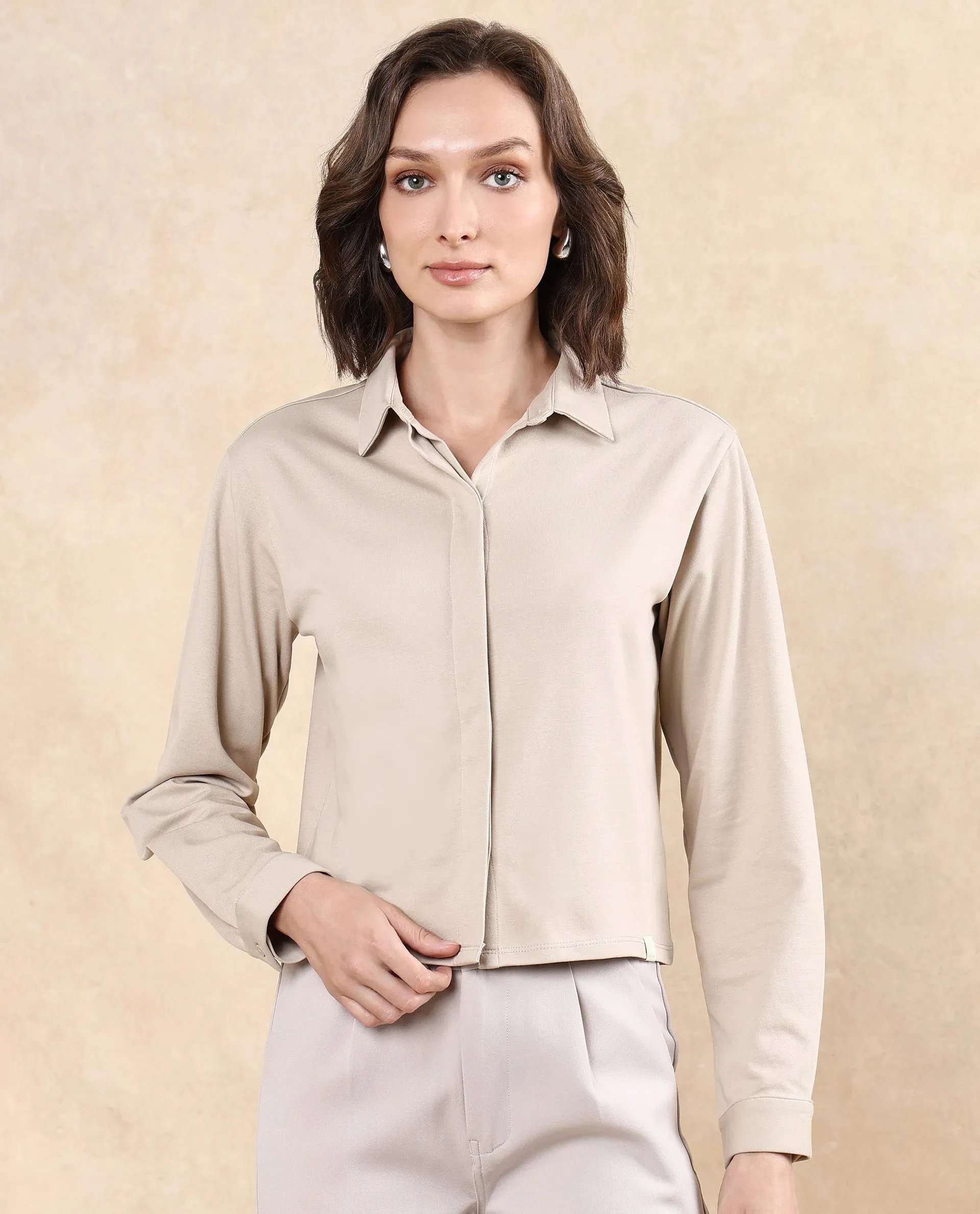 Rareism Women Ellery Beige Cotton Blend Fabric Full Sleeve Collared Neck Button Closure Plain Shirt