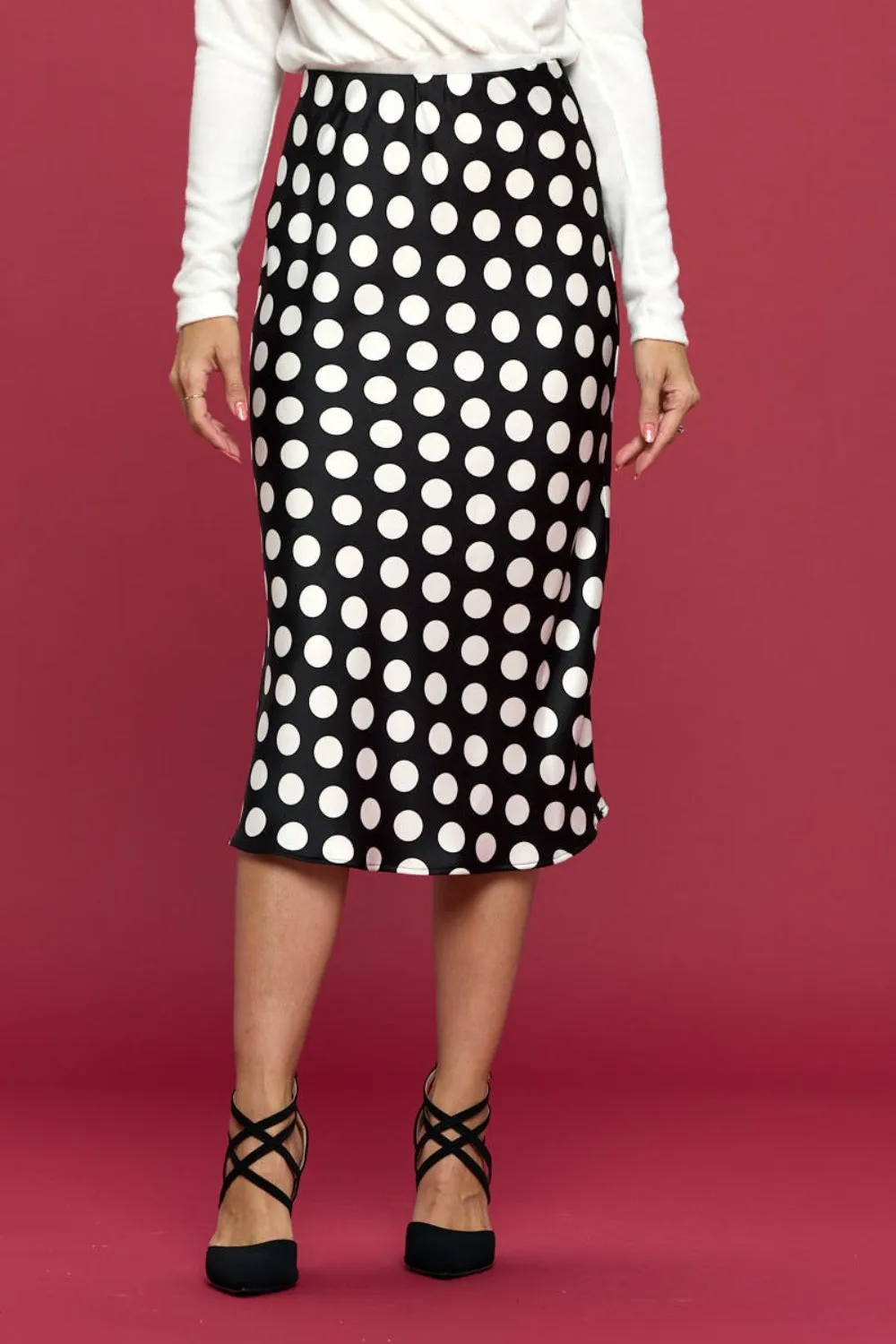 RENEE C Polka Dot Satin Midi Skirt