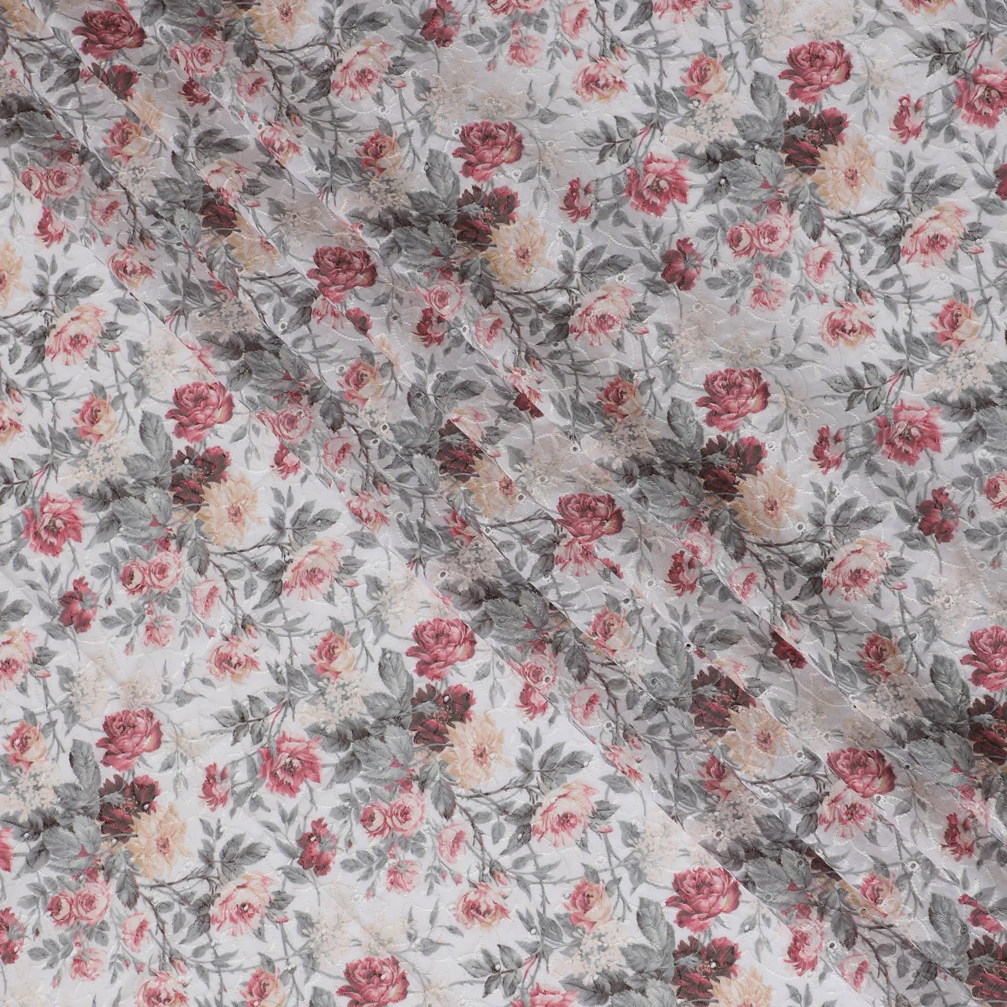 Romantic Floral blended Cotton Lawn Fabric with Embroidery - 110 cm Wide - D19600